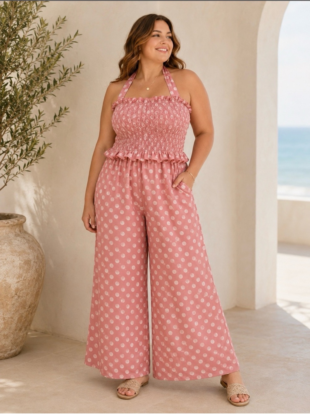 Candie’s XXL Pink Polka Dot Smocked Halter Wide Leg Jumpsuit